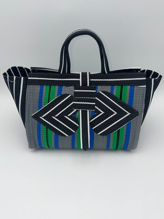 Panda Large handwoven tote bag by SCRUBIES in Grey,Green,Black,White,Green with Stripes design and Love accent pattern