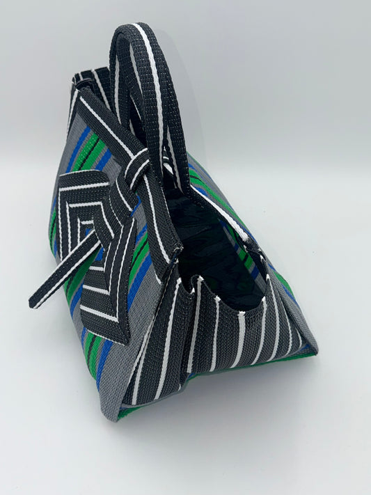 Panda Large handwoven tote bag by SCRUBIES in Grey,Green,Black,White,Green with Stripes design and Love accent pattern