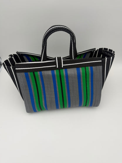 Panda Large handwoven tote bag by SCRUBIES in Grey,Green,Black,White,Green with Stripes design and Love accent pattern