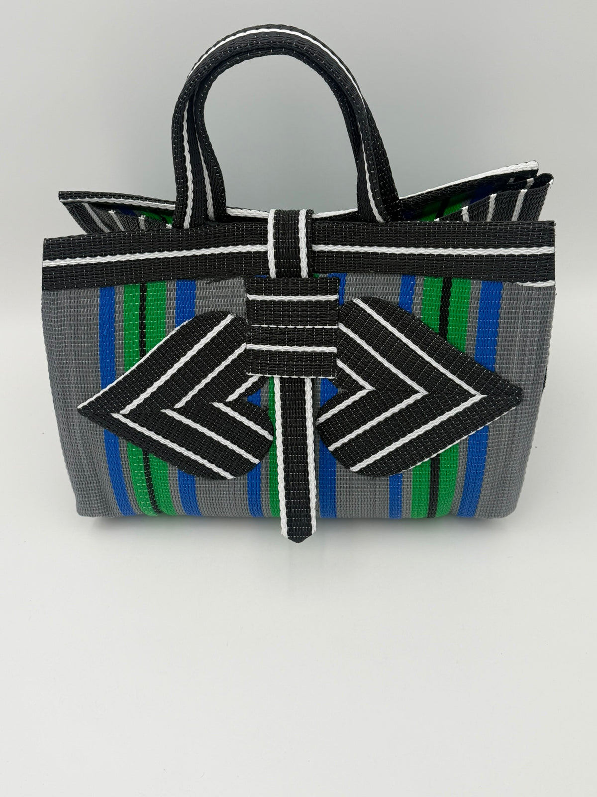 Panda Large handwoven tote bag by SCRUBIES in Grey,Green,Black,White,Green with Stripes design and Love accent pattern