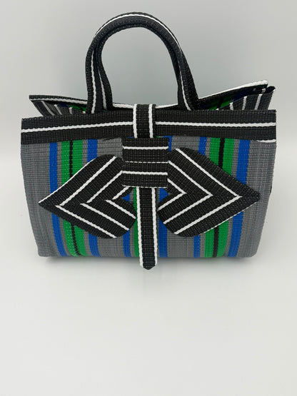 Panda Large handwoven tote bag by SCRUBIES in Grey,Green,Black,White,Green with Stripes design and Love accent pattern