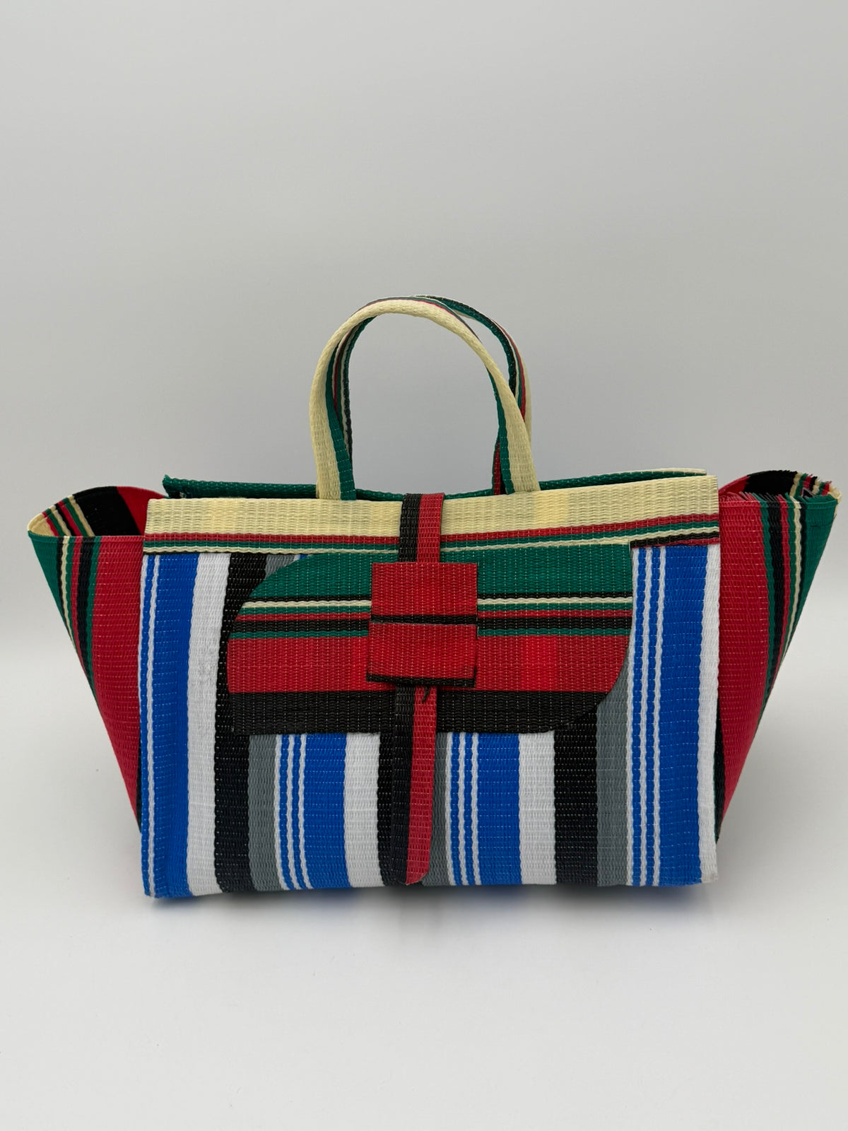 Regal Large handwoven tote bag by SCRUBIES in Blue,White,Grey,Red,Yellow,Black with Stripes design and Almond accent pattern