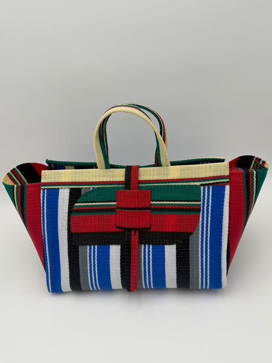 Regal Large handwoven tote bag by SCRUBIES in Blue,White,Grey,Red,Yellow,Black with Stripes design and Almond accent pattern
