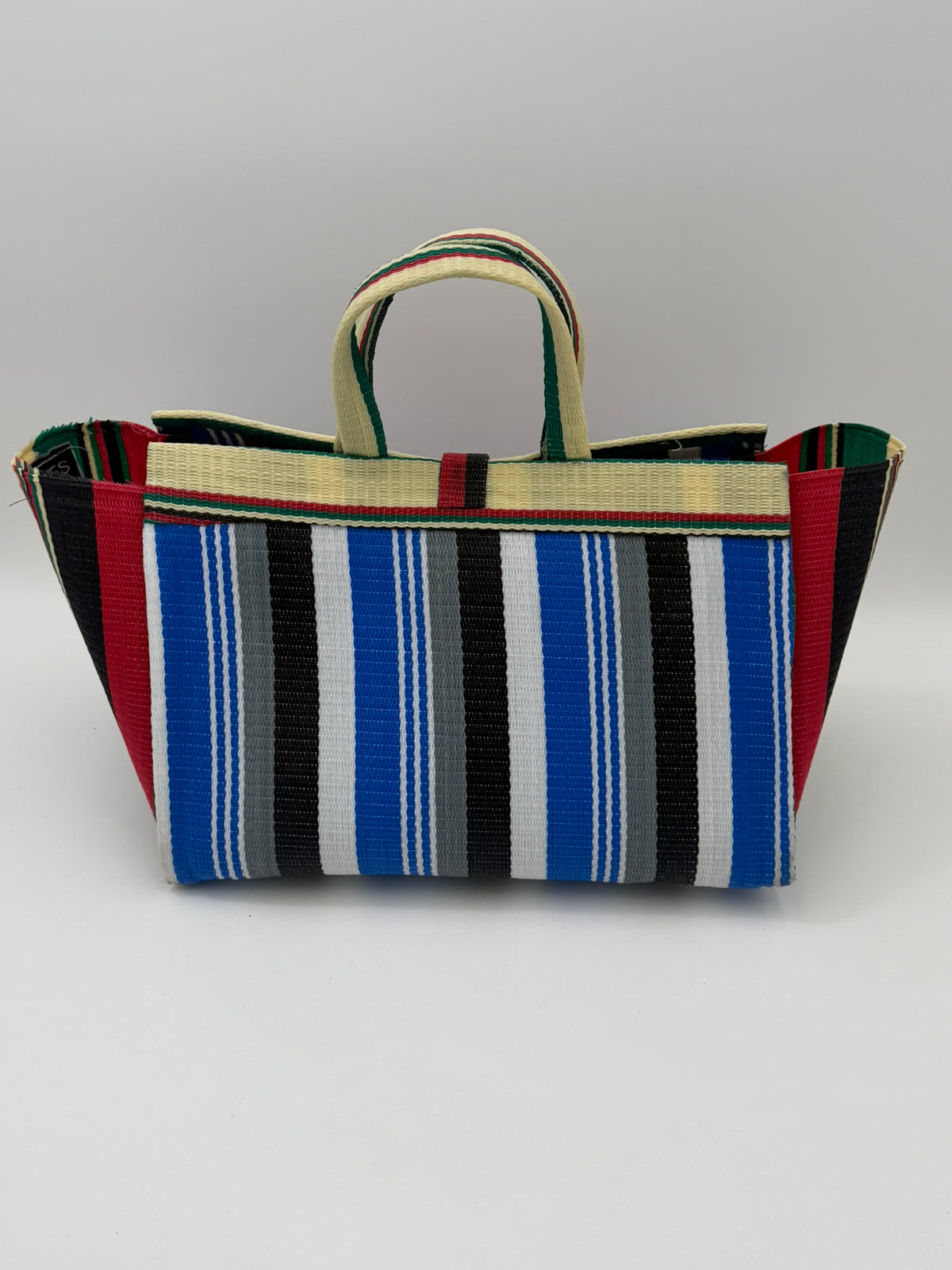 Regal Large handwoven tote bag by SCRUBIES in Blue,White,Grey,Red,Yellow,Black with Stripes design and Almond accent pattern