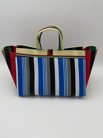 Regal Large handwoven tote bag by SCRUBIES in Blue,White,Grey,Red,Yellow,Black with Stripes design and Almond accent pattern