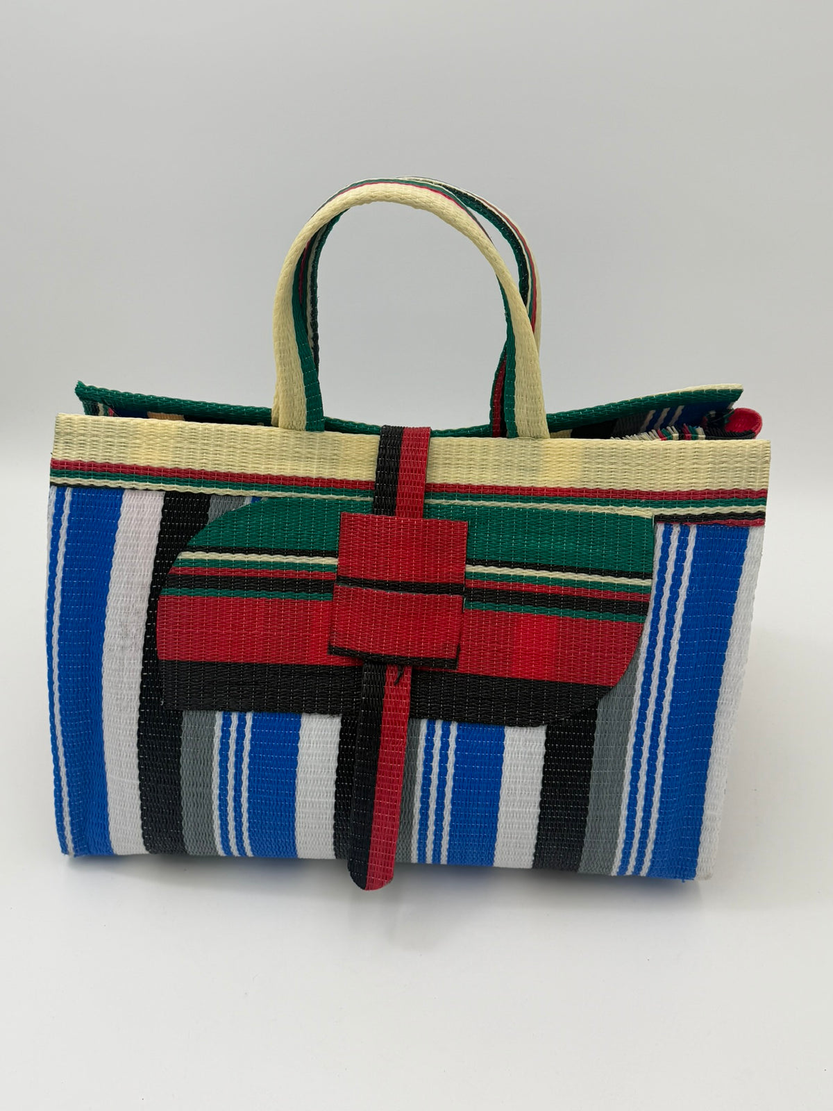 Regal Large handwoven tote bag by SCRUBIES in Blue,White,Grey,Red,Yellow,Black with Stripes design and Almond accent pattern