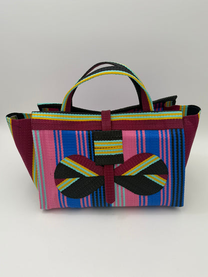 Candy Large handwoven tote bag by SCRUBIES in Pink,Blue,Wine,Black, with Stripes design and Bow accent pattern