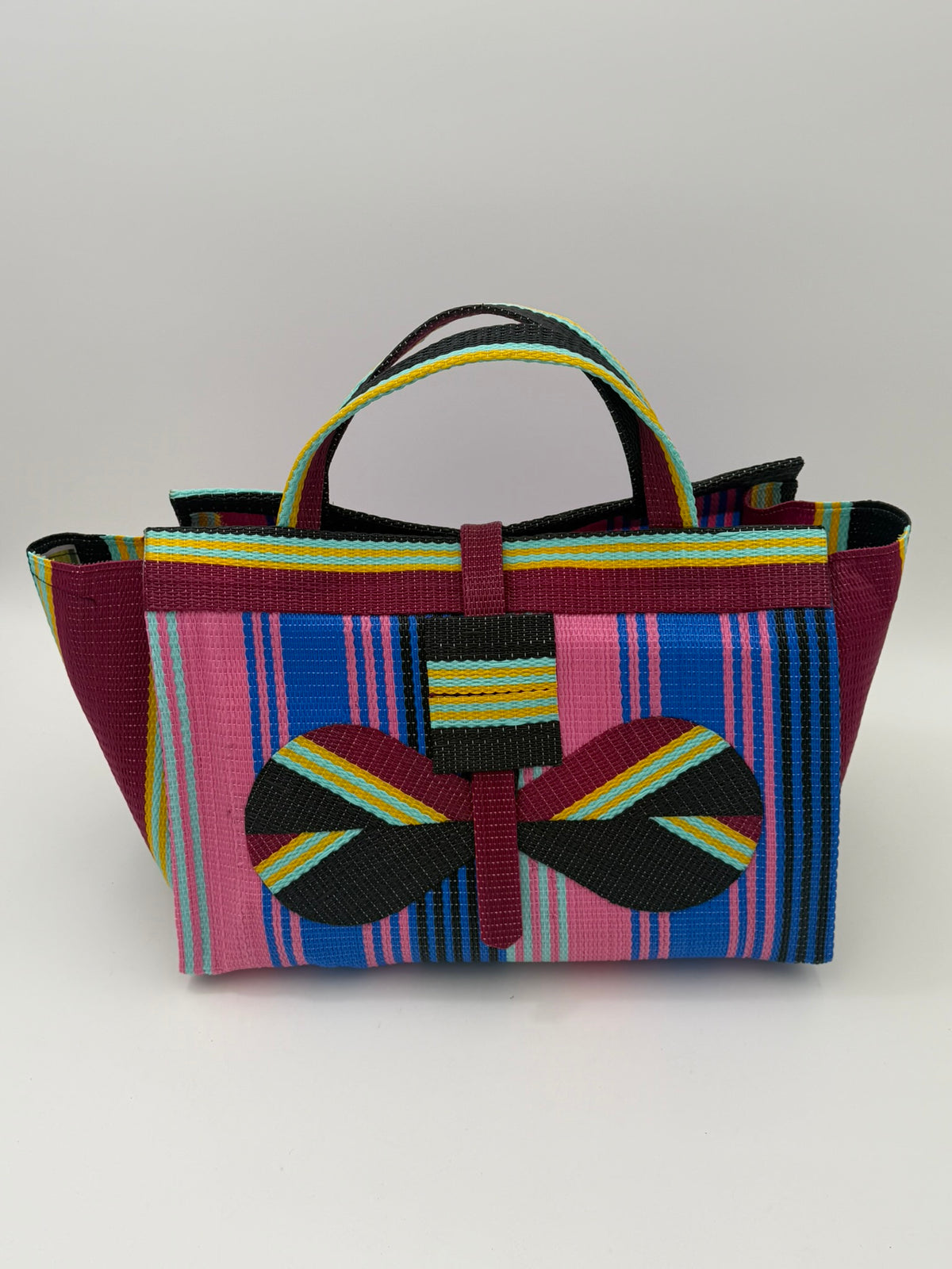 Candy Large handwoven tote bag by SCRUBIES in Pink,Blue,Wine,Black, with Stripes design and Bow accent pattern
