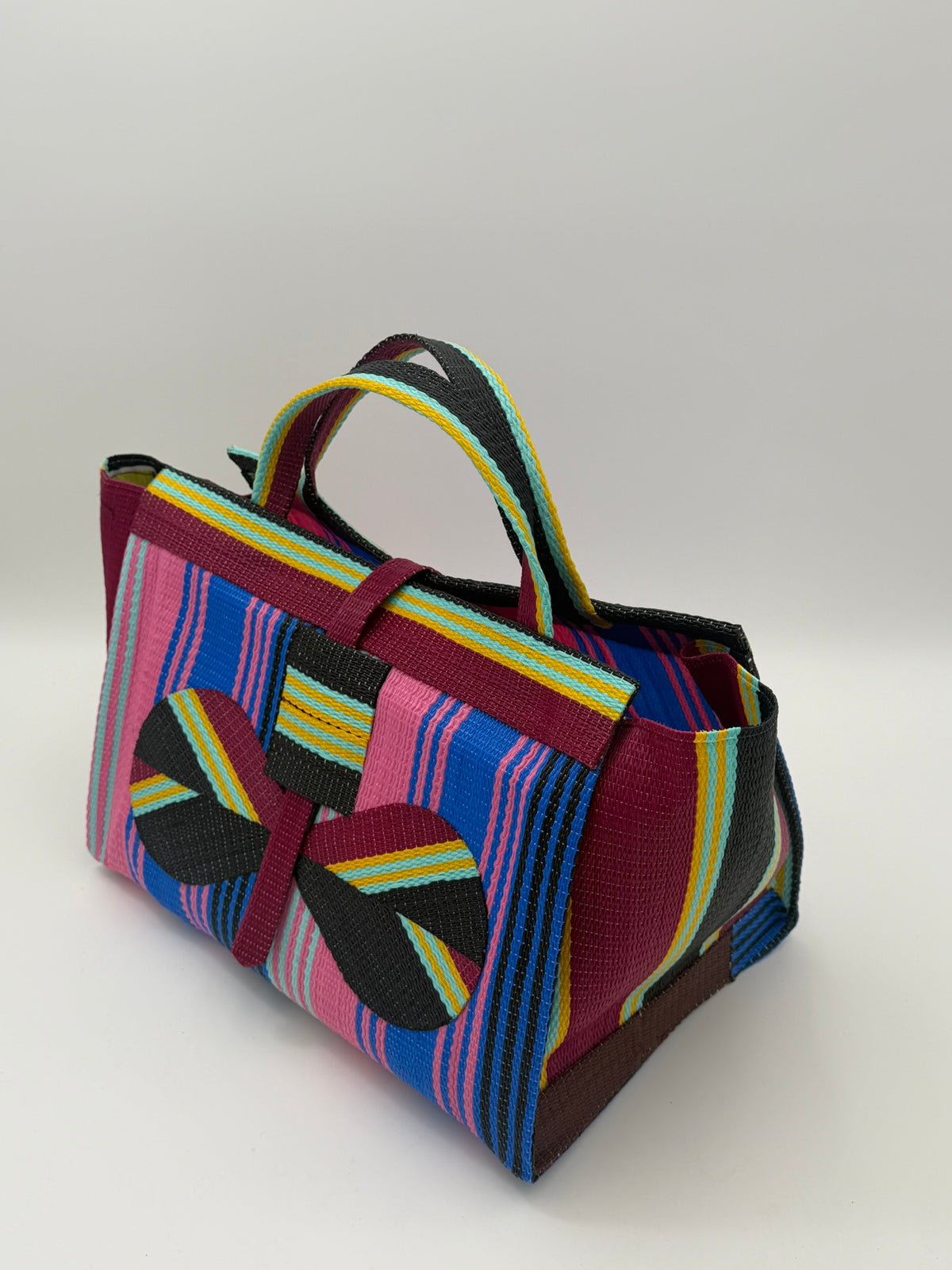 Candy Large handwoven tote bag by SCRUBIES in Pink,Blue,Wine,Black, with Stripes design and Bow accent pattern
