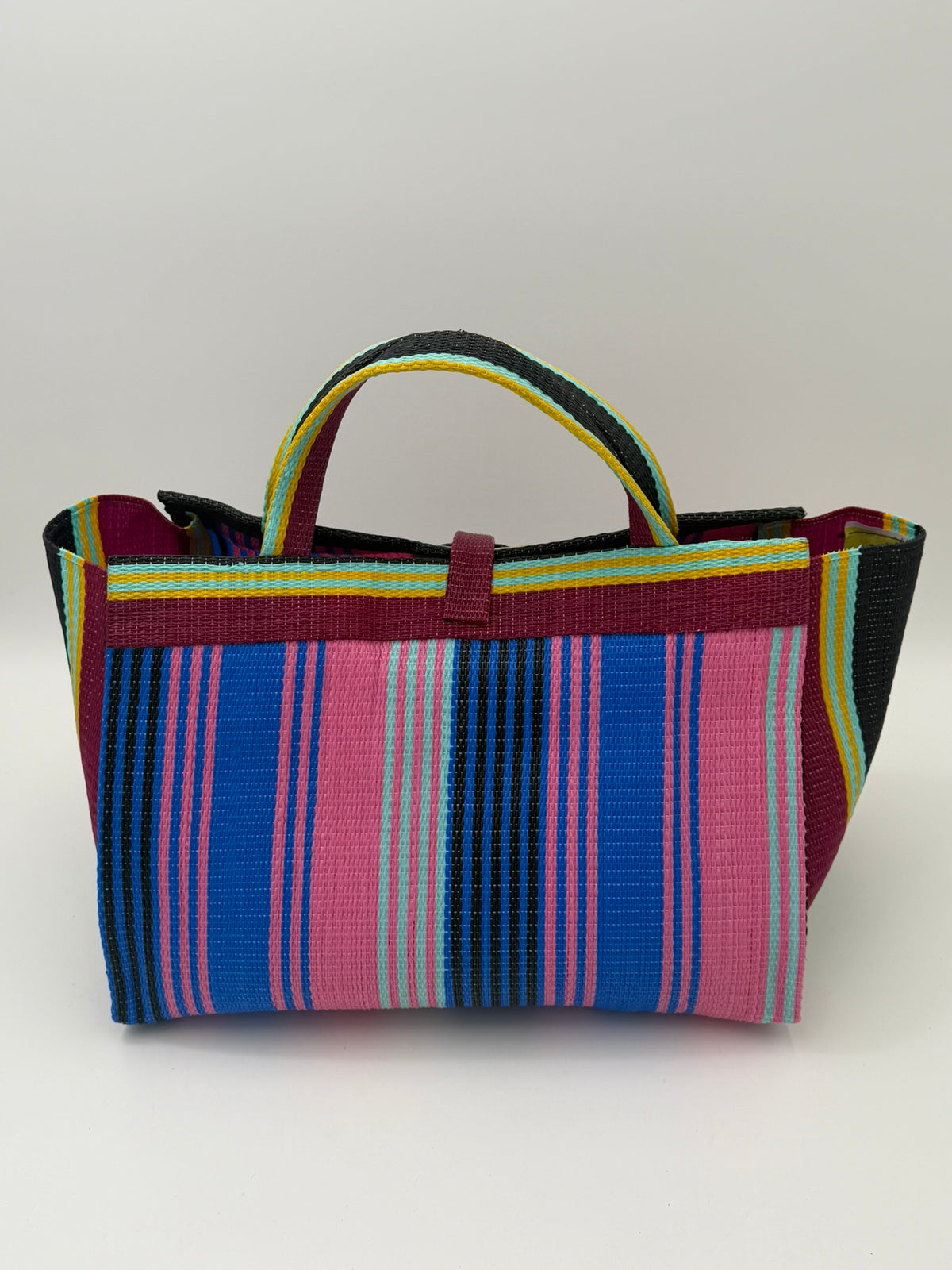 Candy Large handwoven tote bag by SCRUBIES in Pink,Blue,Wine,Black, with Stripes design and Bow accent pattern