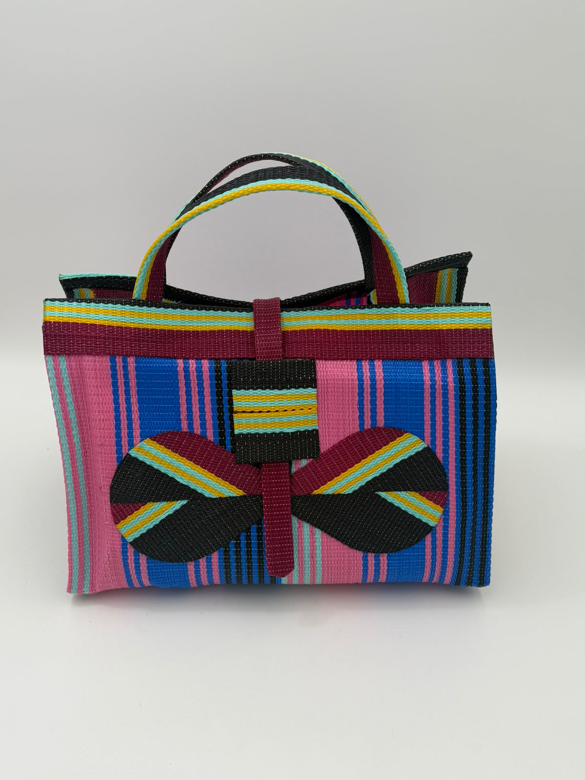 Candy Large handwoven tote bag by SCRUBIES in Pink,Blue,Wine,Black, with Stripes design and Bow accent pattern