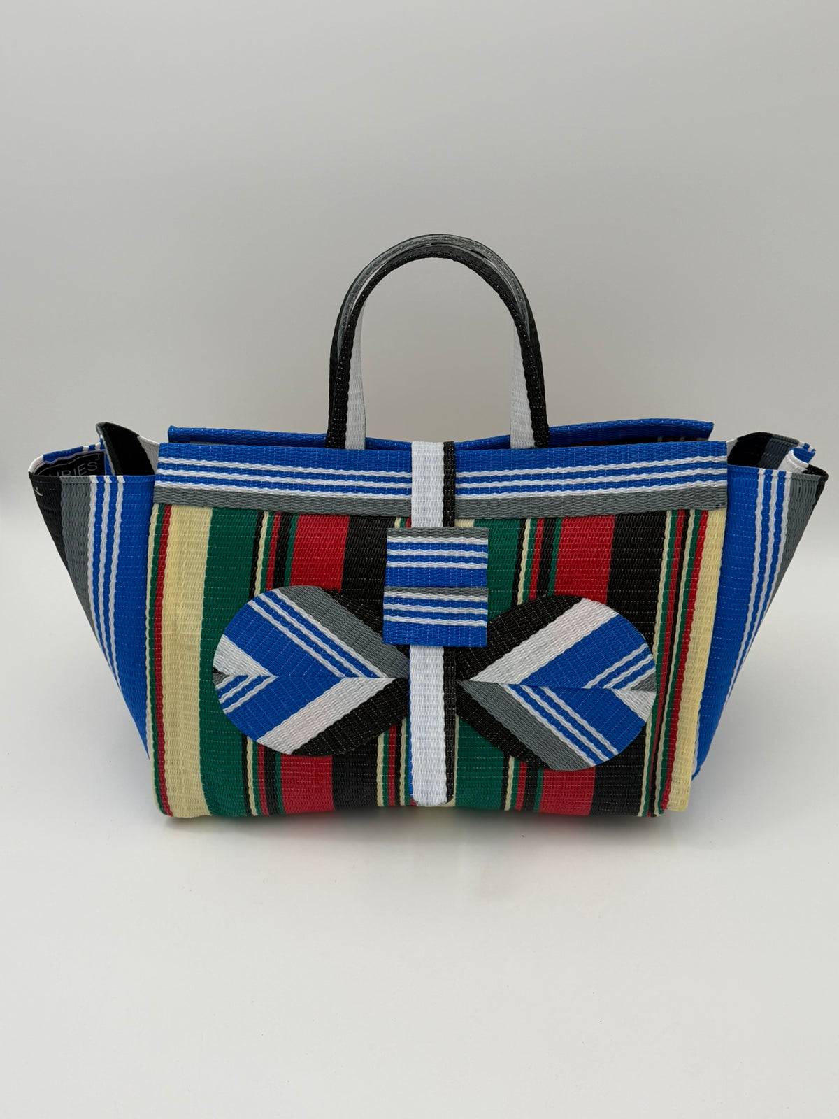 Regal Large handwoven tote bag by SCRUBIES in Blue,Cream,Green,Red,Black with Stripes design and Bow accent pattern