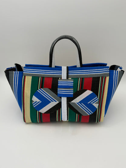 Regal Large handwoven tote bag by SCRUBIES in Blue,Cream,Green,Red,Black with Stripes design and Bow accent pattern