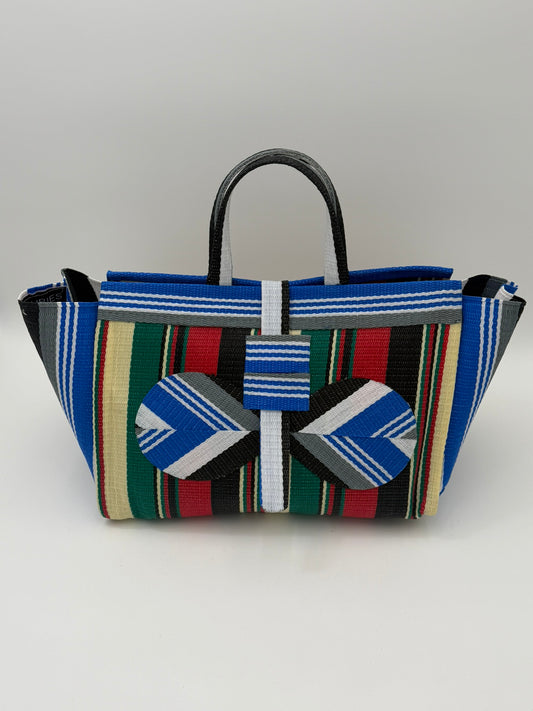 Regal Large handwoven tote bag by SCRUBIES in Blue,Cream,Green,Red,Black with Stripes design and Bow accent pattern
