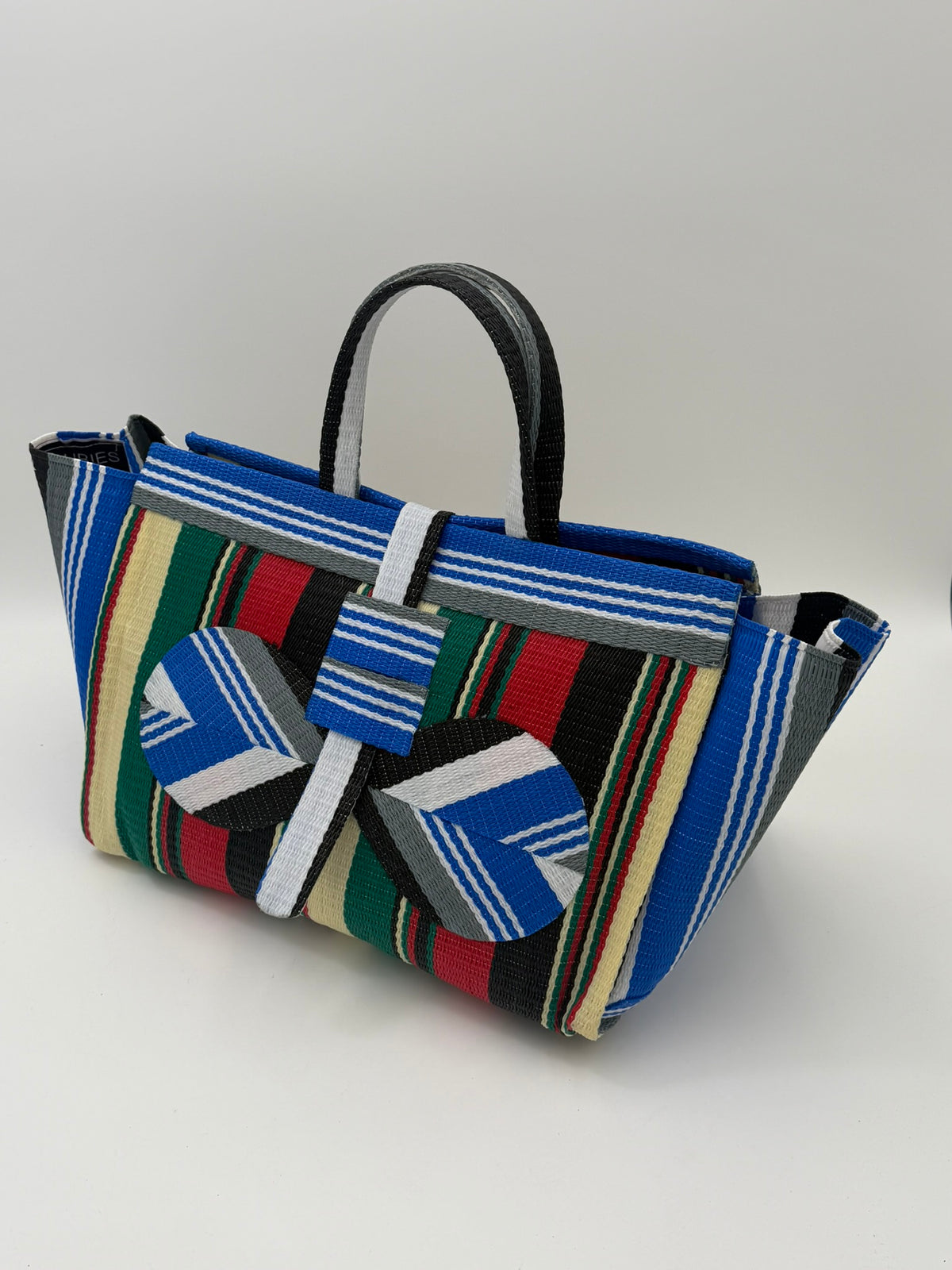 Regal Large handwoven tote bag by SCRUBIES in Blue,Cream,Green,Red,Black with Stripes design and Bow accent pattern