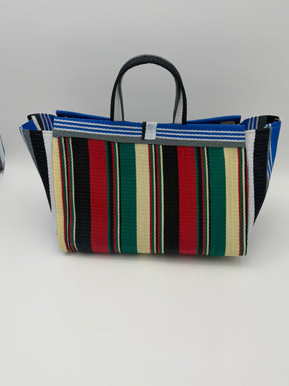 Regal Large handwoven tote bag by SCRUBIES in Blue,Cream,Green,Red,Black with Stripes design and Bow accent pattern