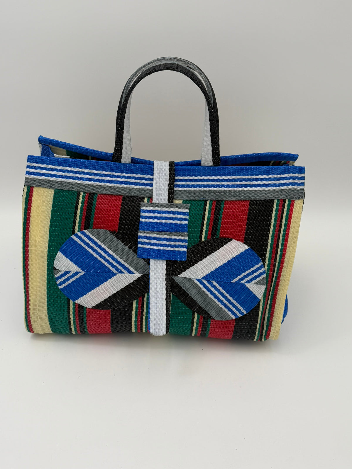 Regal Large handwoven tote bag by SCRUBIES in Blue,Cream,Green,Red,Black with Stripes design and Bow accent pattern