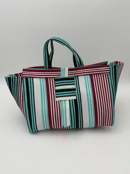 Pearl Large handwoven tote bag by SCRUBIES in White,Teal,Red, with Stripes design and None accent pattern