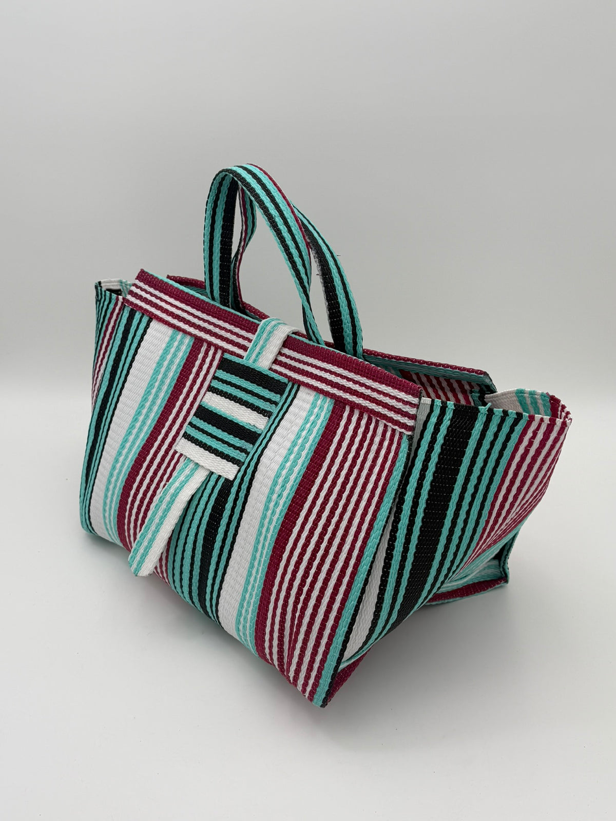 Pearl Large handwoven tote bag by SCRUBIES in White,Teal,Red, with Stripes design and None accent pattern