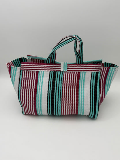 Pearl Large handwoven tote bag by SCRUBIES in White,Teal,Red, with Stripes design and None accent pattern