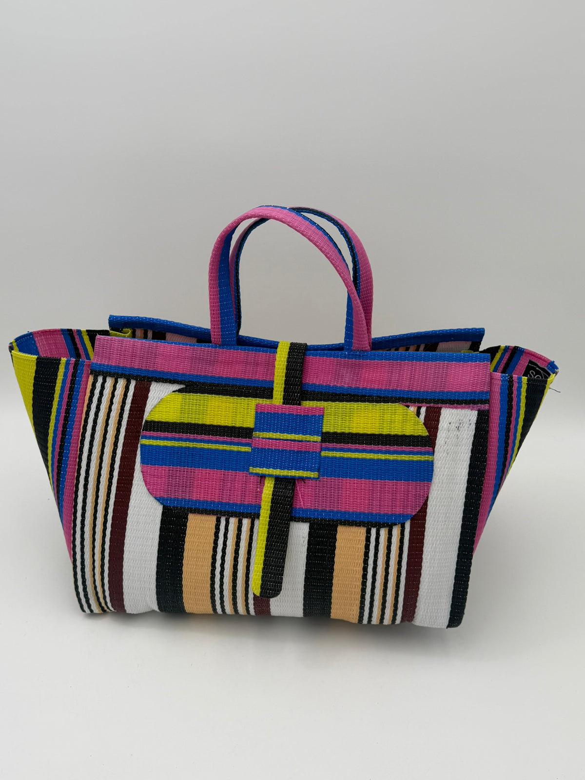 Woodland Large handwoven tote bag by SCRUBIES in Pink,White,Beige,Black,Yellow with Stripes design and Oval accent pattern