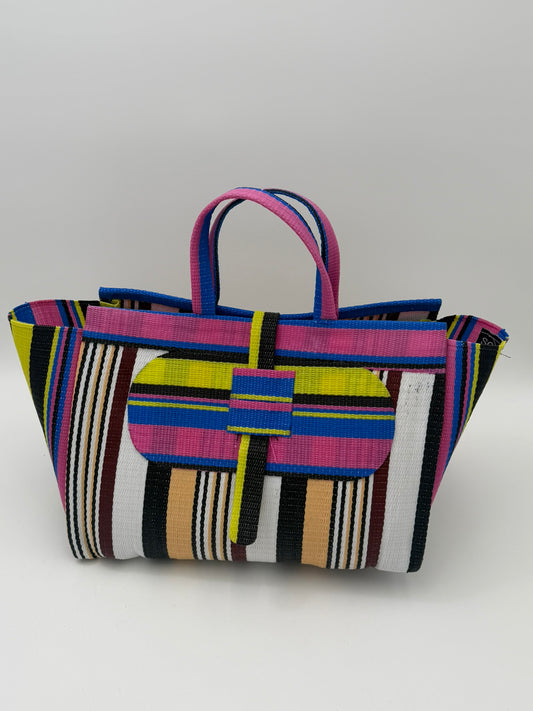 Woodland Large handwoven tote bag by SCRUBIES in Pink,White,Beige,Black,Yellow with Stripes design and Oval accent pattern