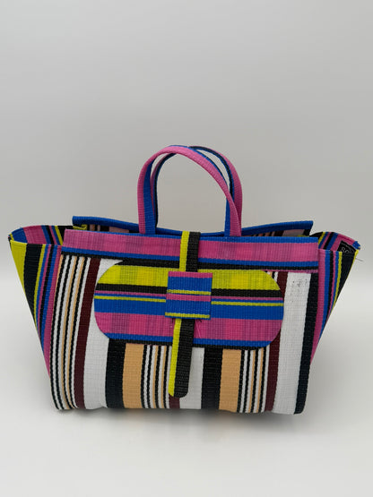 Woodland Large handwoven tote bag by SCRUBIES in Pink,White,Beige,Black,Yellow with Stripes design and Oval accent pattern