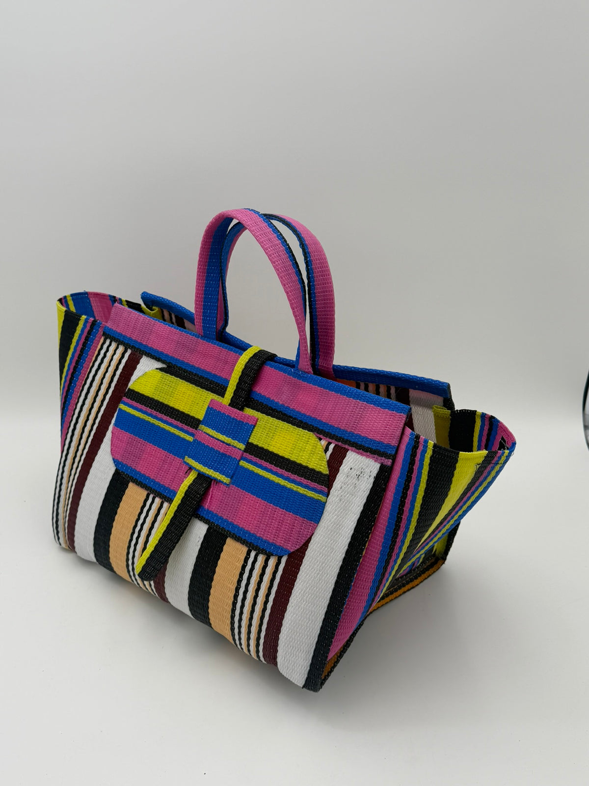 Woodland Large handwoven tote bag by SCRUBIES in Pink,White,Beige,Black,Yellow with Stripes design and Oval accent pattern