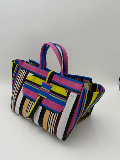 Woodland Large handwoven tote bag by SCRUBIES in Pink,White,Beige,Black,Yellow with Stripes design and Oval accent pattern