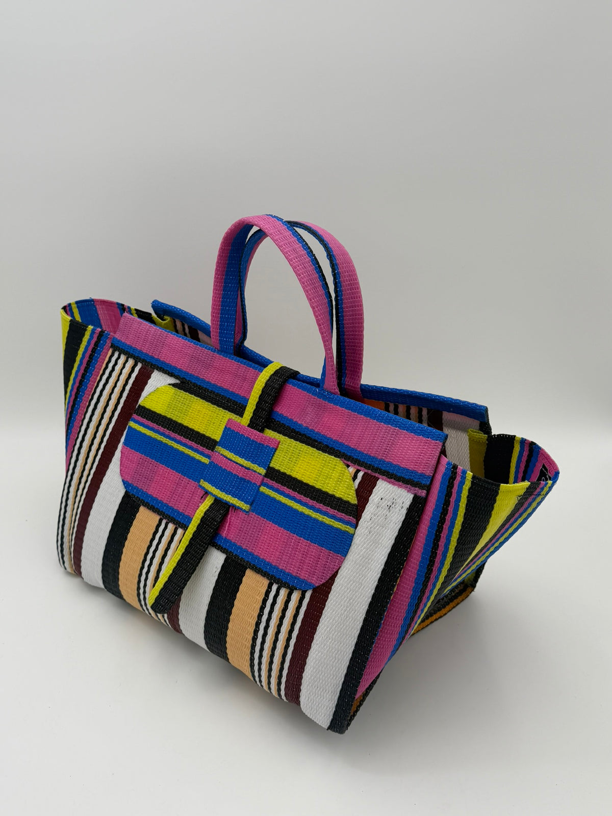 Woodland Large handwoven tote bag by SCRUBIES in Pink,White,Beige,Black,Yellow with Stripes design and Oval accent pattern