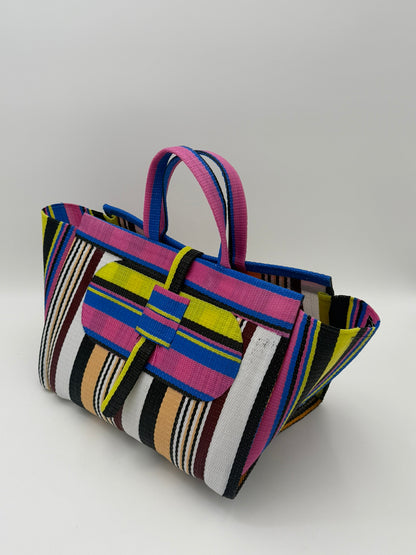 Woodland Large handwoven tote bag by SCRUBIES in Pink,White,Beige,Black,Yellow with Stripes design and Oval accent pattern