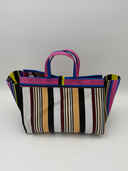 Woodland Large handwoven tote bag by SCRUBIES in Pink,White,Beige,Black,Yellow with Stripes design and Oval accent pattern