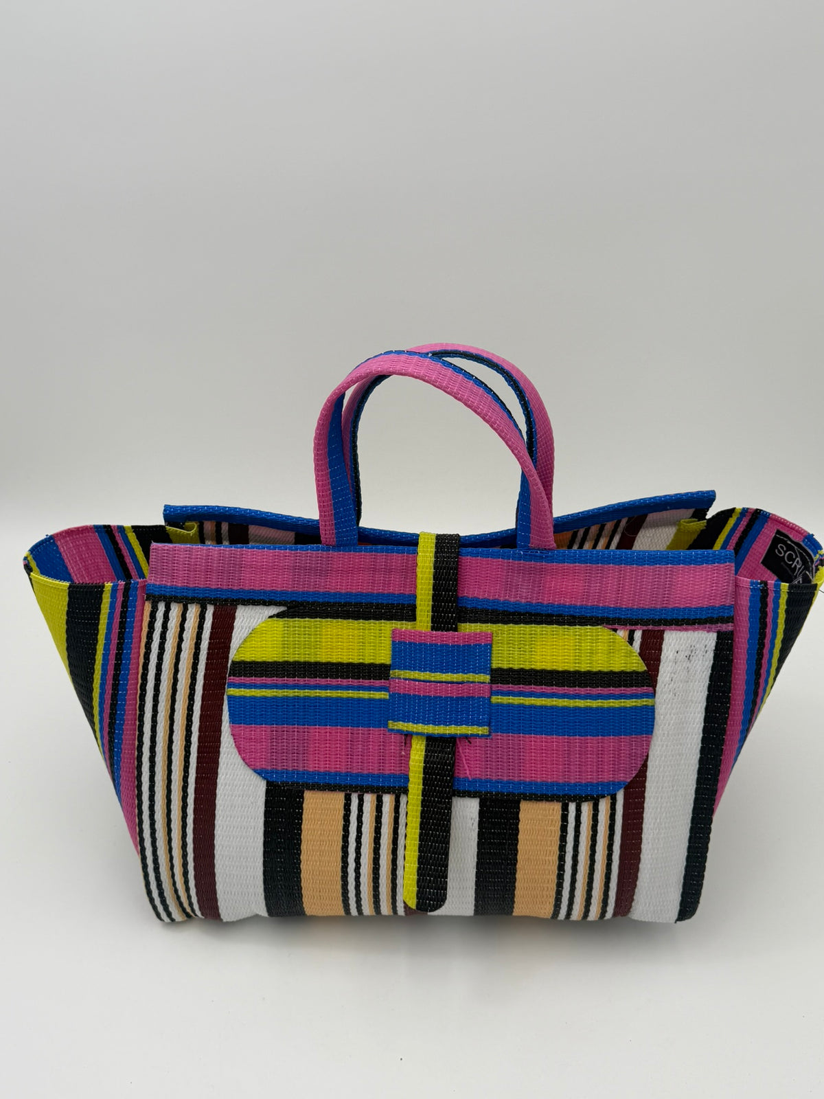 Woodland Large handwoven tote bag by SCRUBIES in Pink,White,Beige,Black,Yellow with Stripes design and Oval accent pattern