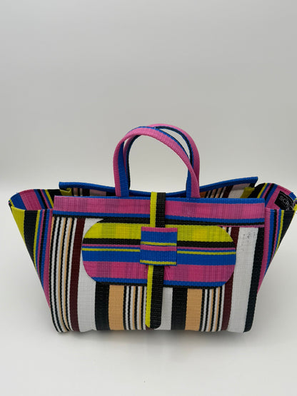 Woodland Large handwoven tote bag by SCRUBIES in Pink,White,Beige,Black,Yellow with Stripes design and Oval accent pattern