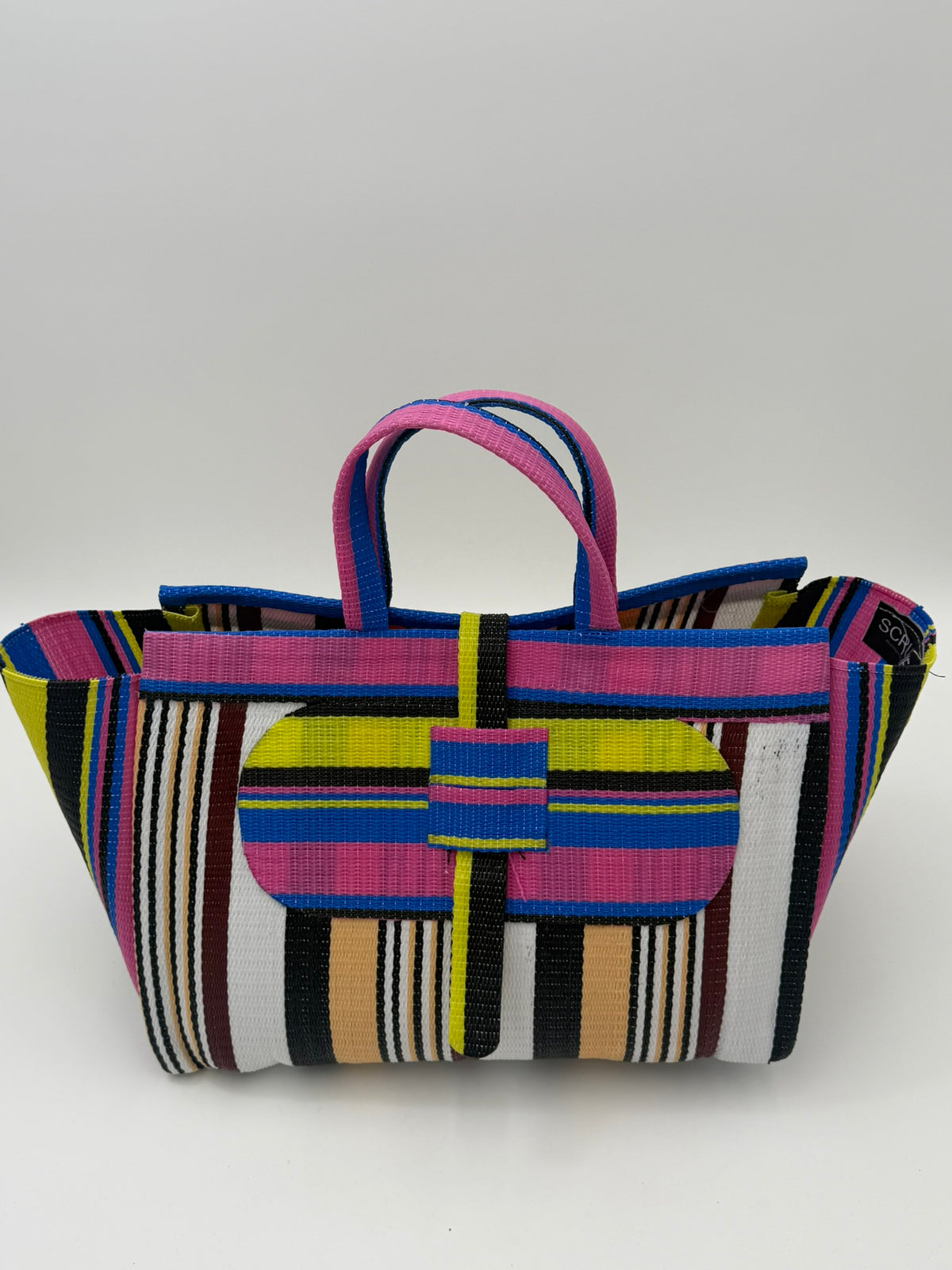 Woodland Large handwoven tote bag by SCRUBIES in Pink,White,Beige,Black,Yellow with Stripes design and Oval accent pattern