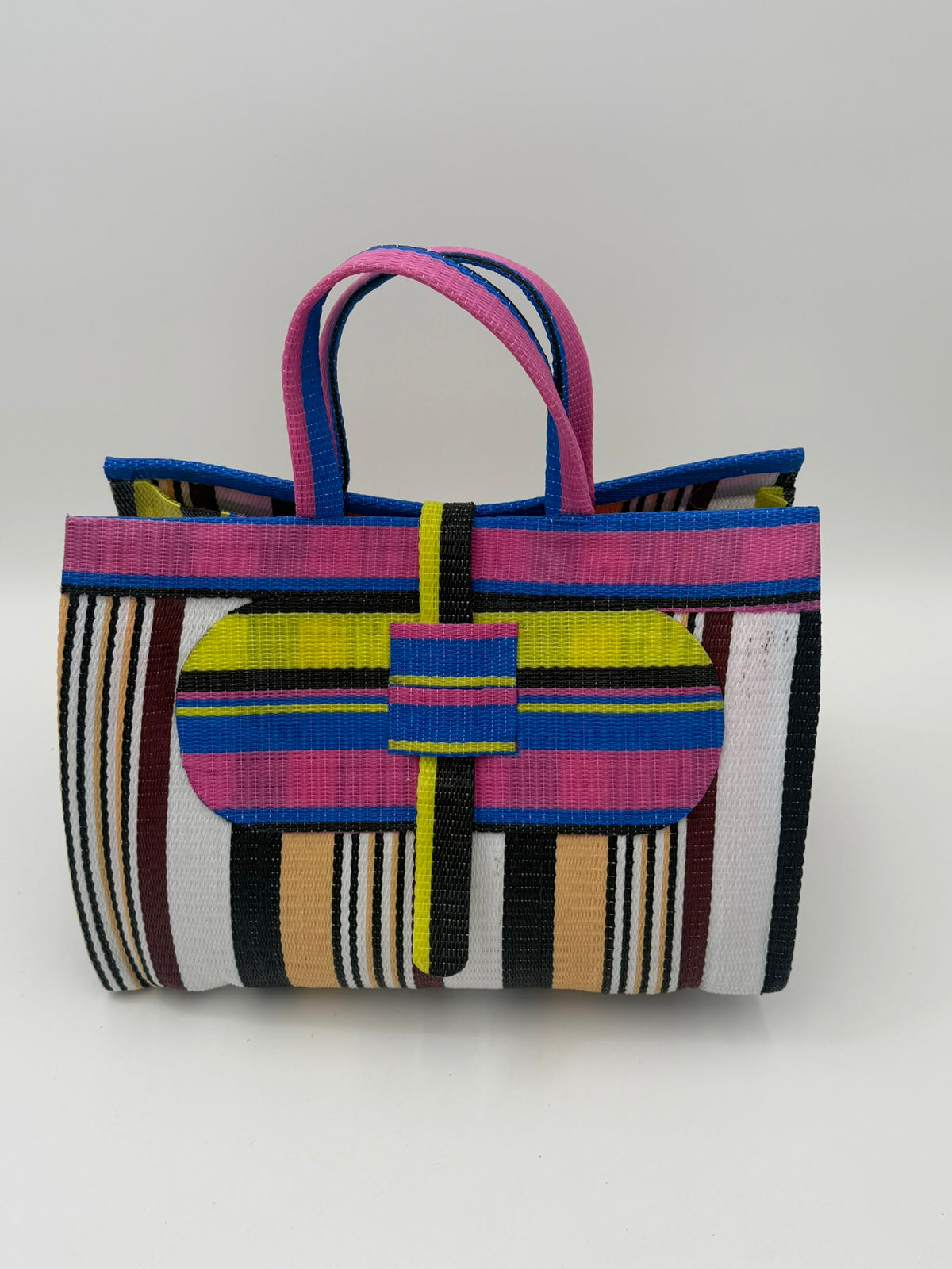 Woodland Large handwoven tote bag by SCRUBIES in Pink,White,Beige,Black,Yellow with Stripes design and Oval accent pattern