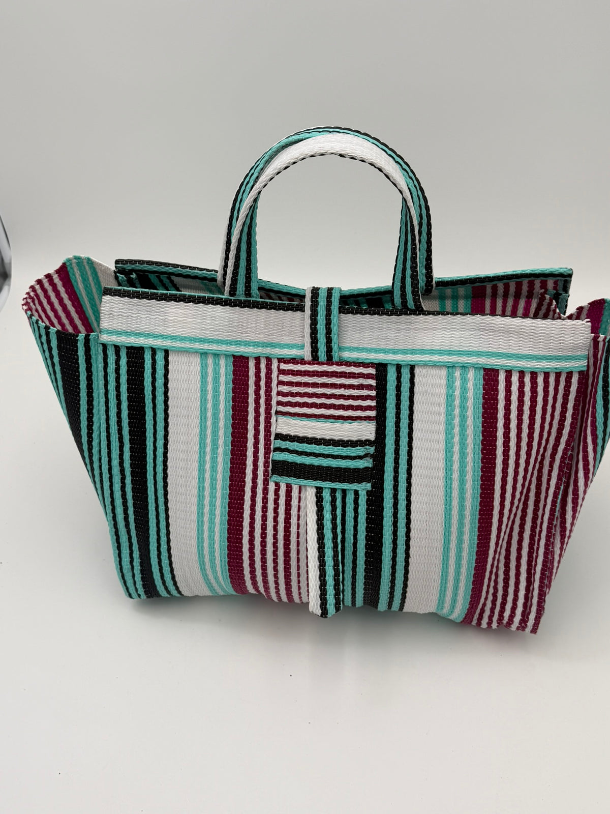 Pearl Large handwoven tote bag by SCRUBIES in White,Teal,Red, with Stripes design and None accent pattern