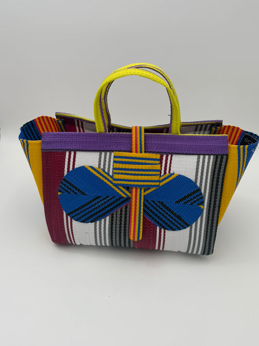 Pearl Large handwoven tote bag by SCRUBIES in Bluw,Wine,White,Purple,Yellow with Stripes design and Bow accent pattern