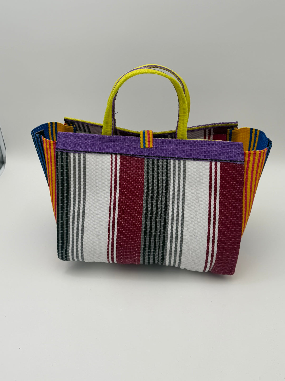 Pearl Large handwoven tote bag by SCRUBIES in Bluw,Wine,White,Purple,Yellow with Stripes design and Bow accent pattern