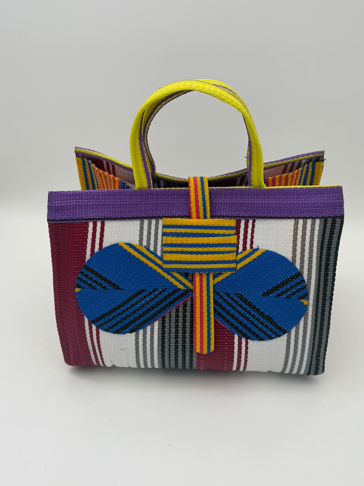 Pearl Large handwoven tote bag by SCRUBIES in Bluw,Wine,White,Purple,Yellow with Stripes design and Bow accent pattern