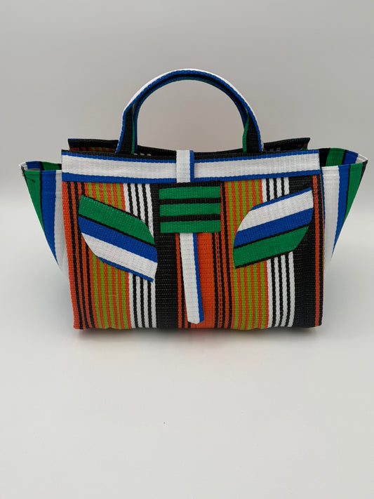 Citrus Large handwoven tote bag by SCRUBIES in Orange,White,Green,Blue,Black with Stripes design and Leaf accent pattern