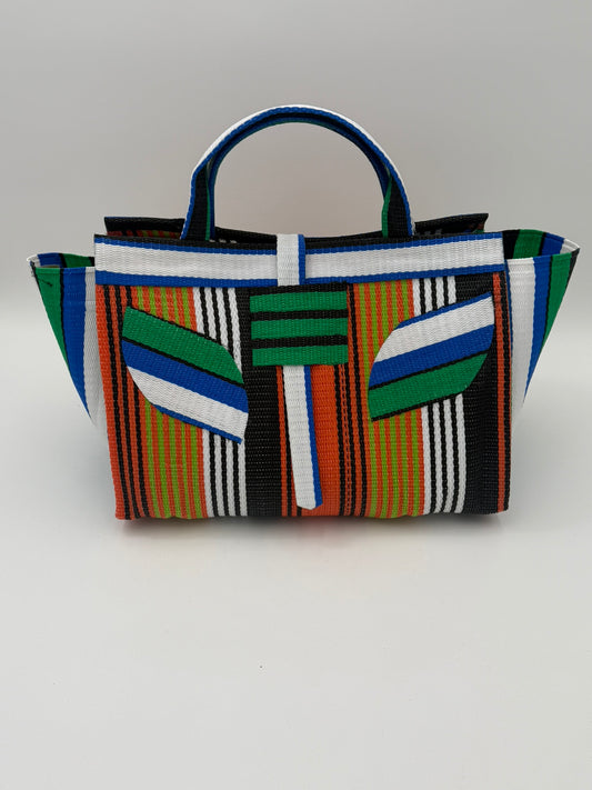 Citrus Large handwoven tote bag by SCRUBIES in Orange,White,Green,Blue,Black with Stripes design and Leaf accent pattern
