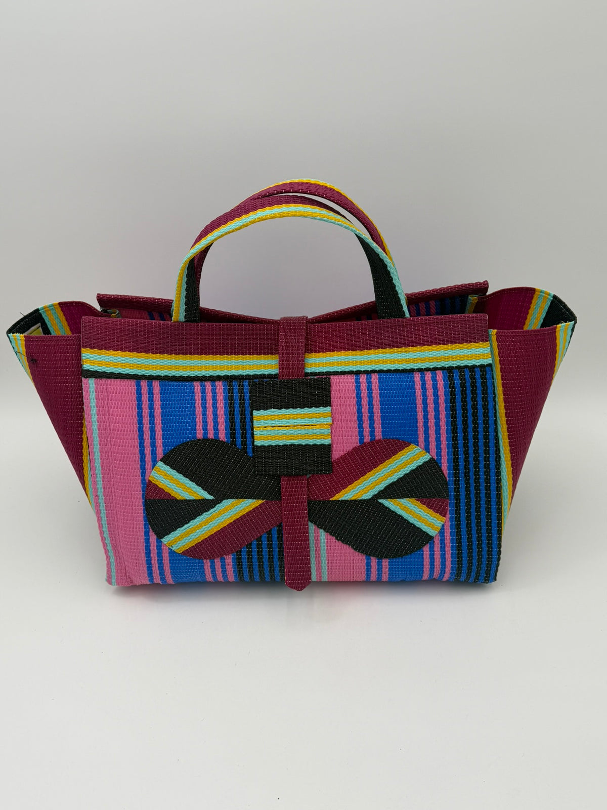 Candy Large handwoven tote bag by SCRUBIES in Pink,Blue,Wine,Black, with Stripes design and Bow accent pattern