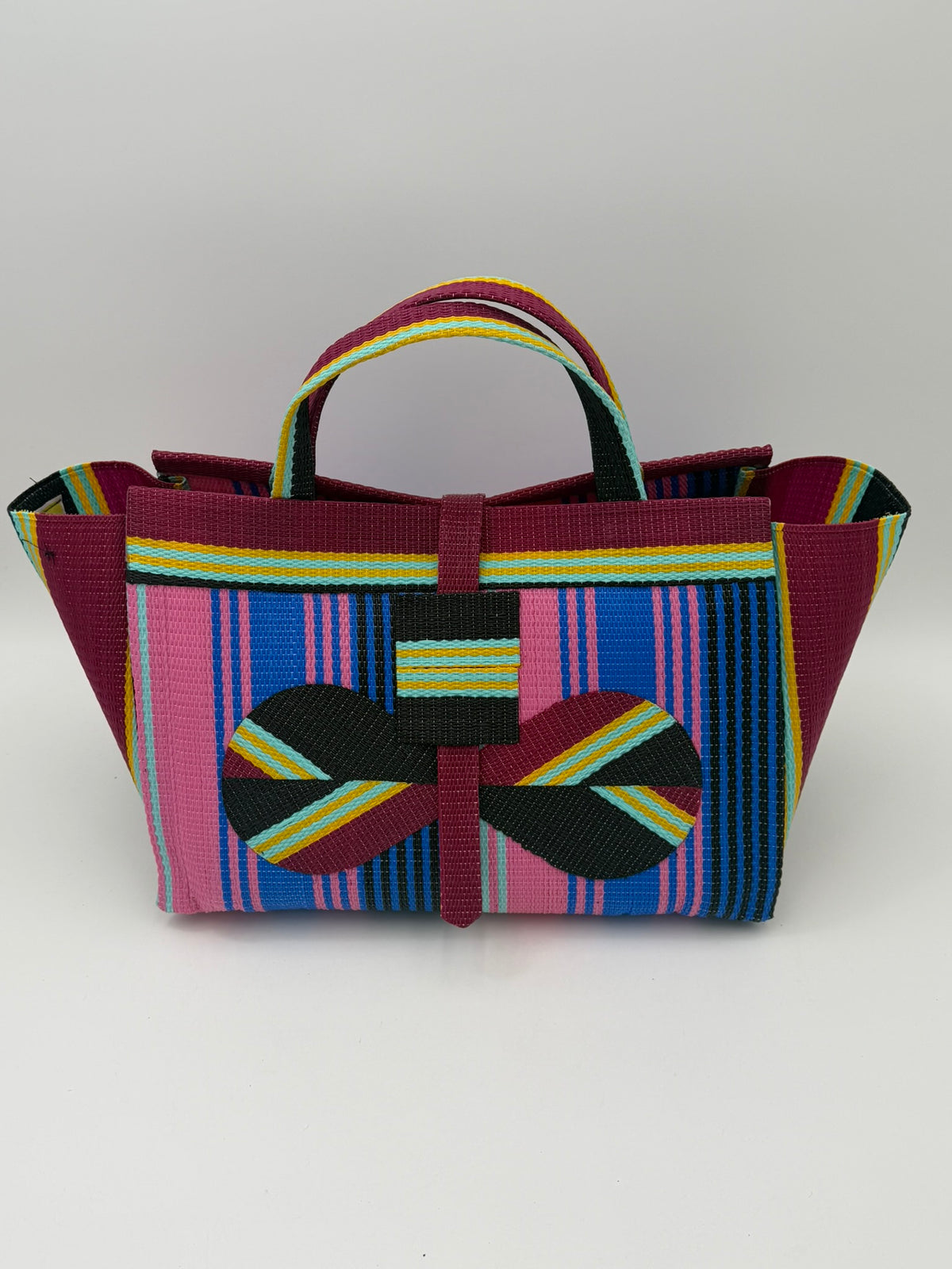 Candy Large handwoven tote bag by SCRUBIES in Pink,Blue,Wine,Black, with Stripes design and Bow accent pattern