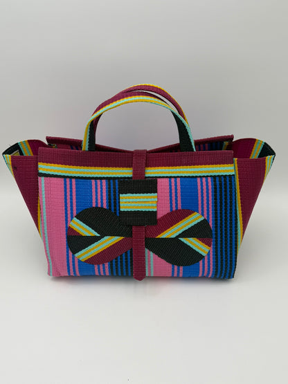 Candy Large handwoven tote bag by SCRUBIES in Pink,Blue,Wine,Black, with Stripes design and Bow accent pattern