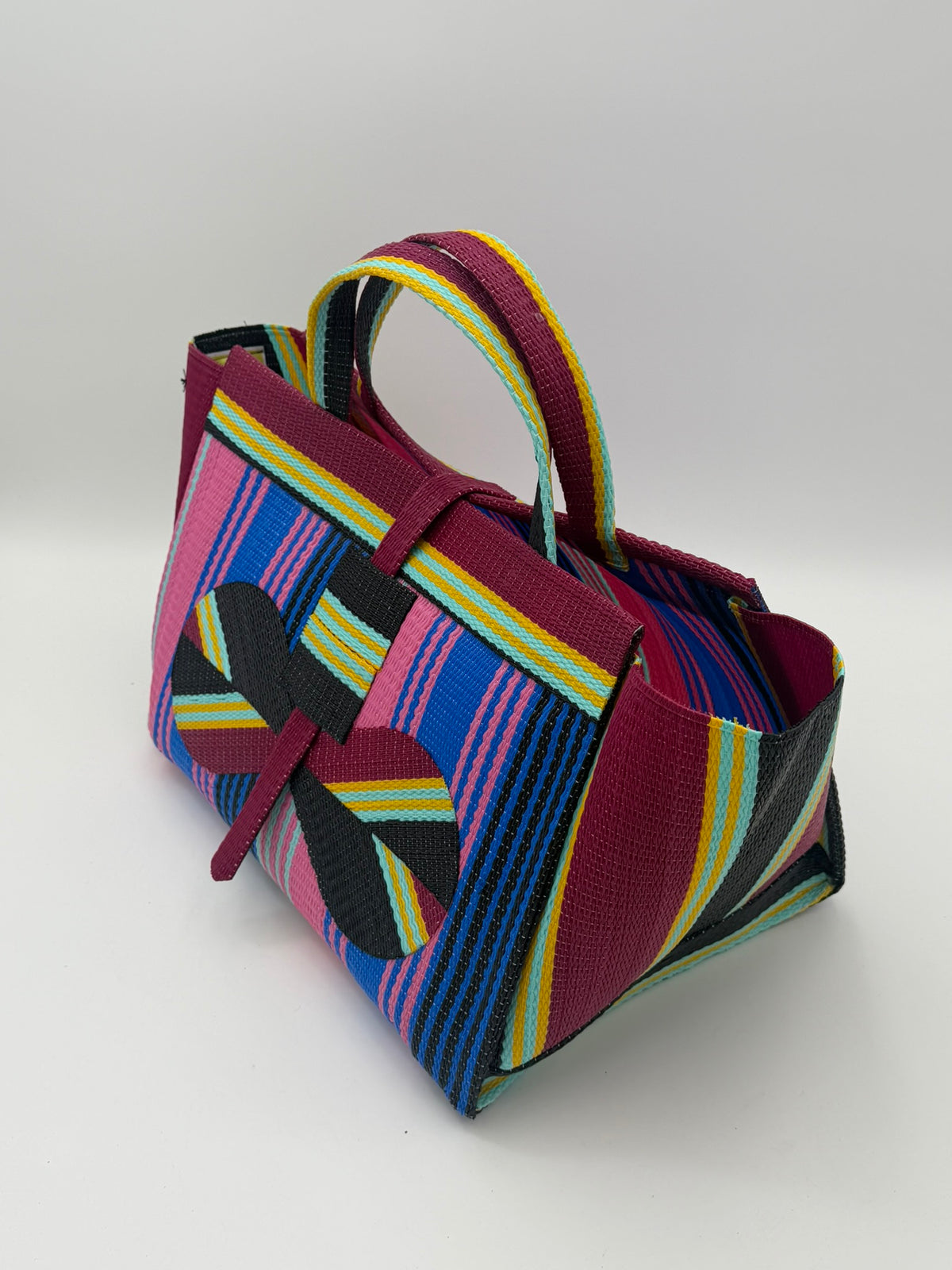 Candy Large handwoven tote bag by SCRUBIES in Pink,Blue,Wine,Black, with Stripes design and Bow accent pattern