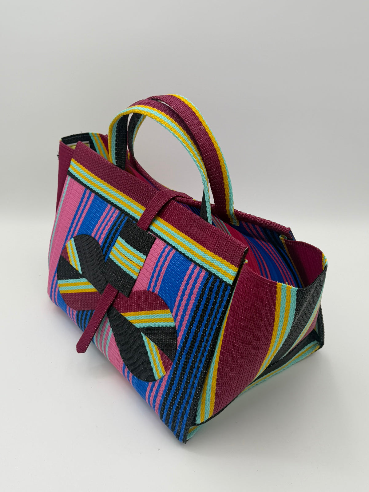 Candy Large handwoven tote bag by SCRUBIES in Pink,Blue,Wine,Black, with Stripes design and Bow accent pattern