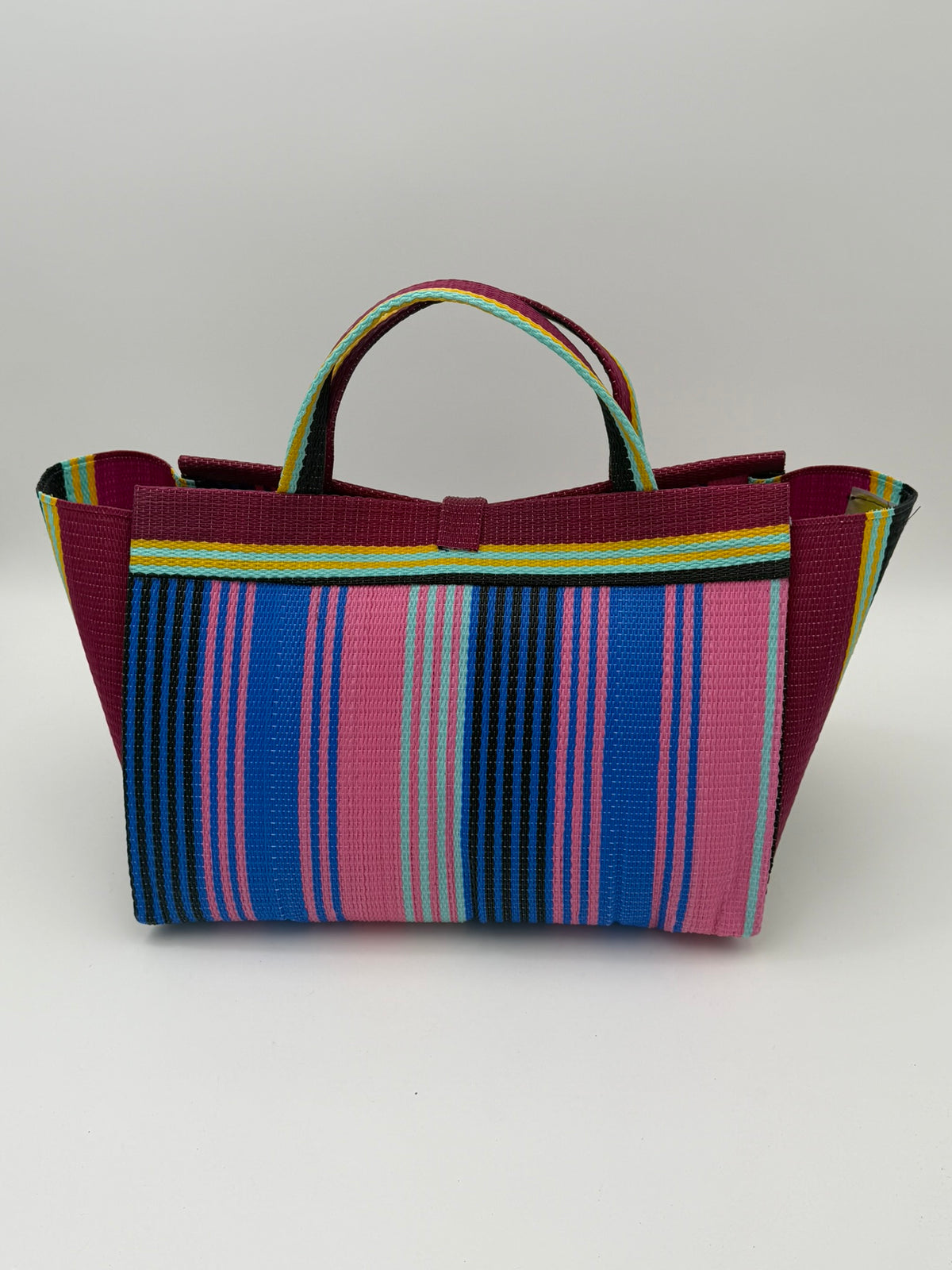Candy Large handwoven tote bag by SCRUBIES in Pink,Blue,Wine,Black, with Stripes design and Bow accent pattern