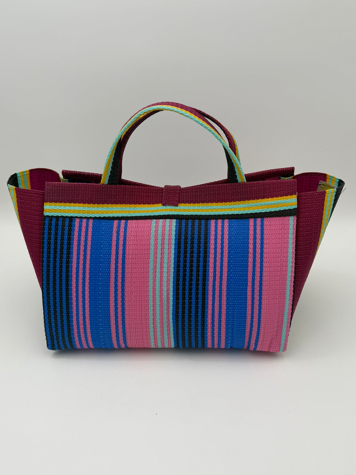 Candy Large handwoven tote bag by SCRUBIES in Pink,Blue,Wine,Black, with Stripes design and Bow accent pattern