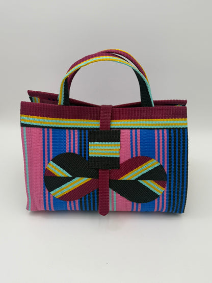 Candy Large handwoven tote bag by SCRUBIES in Pink,Blue,Wine,Black, with Stripes design and Bow accent pattern